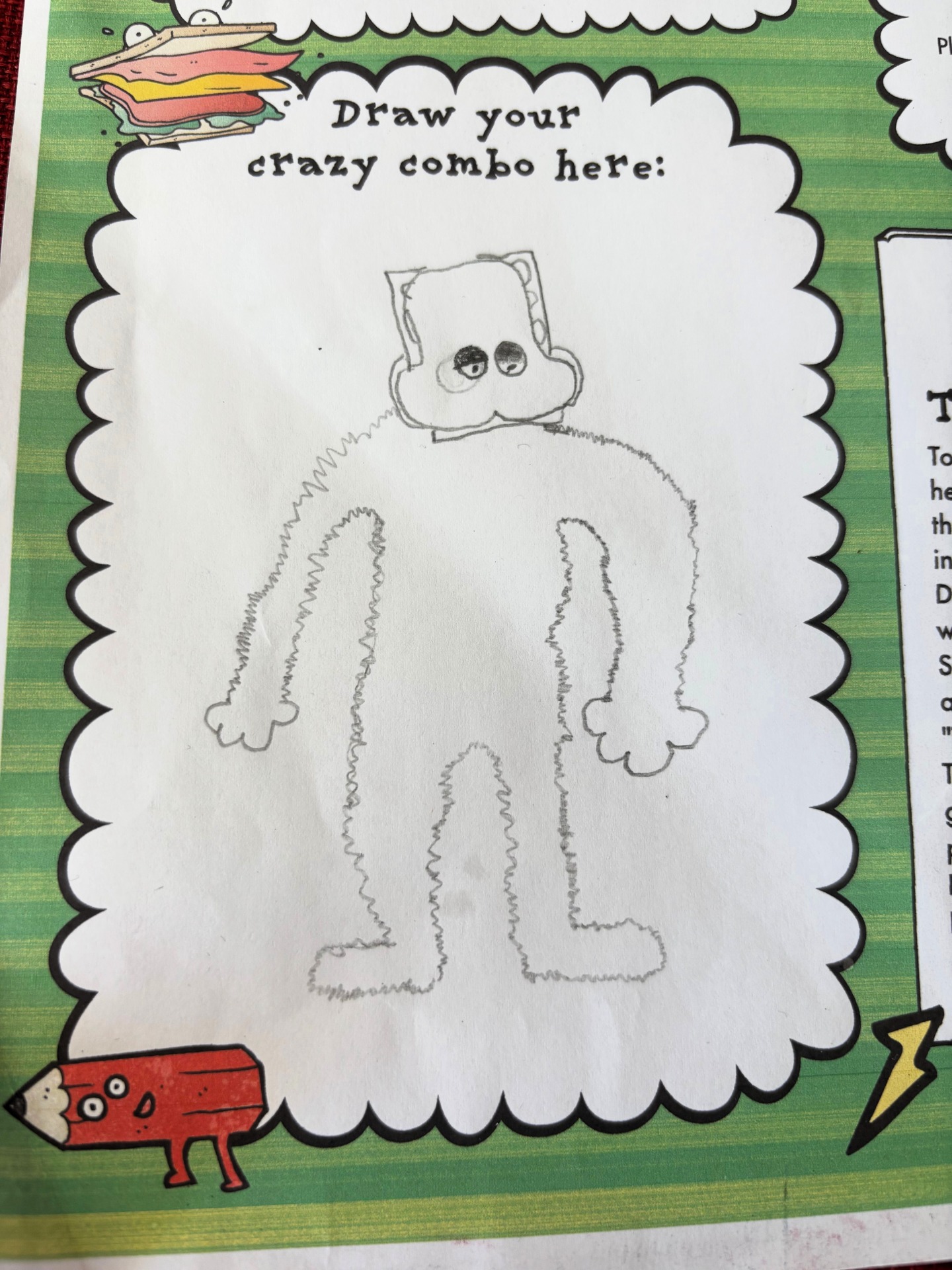 Cartoon worksheet with “Draw your crazy combo here” text and a sketched fluffy character with big eyes.