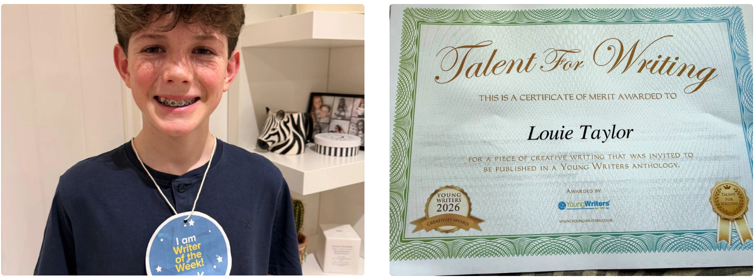 Teen boy wearing braces and a medal, beside a certificate reading “Talent for Writing” awarded to Louie Taylor.