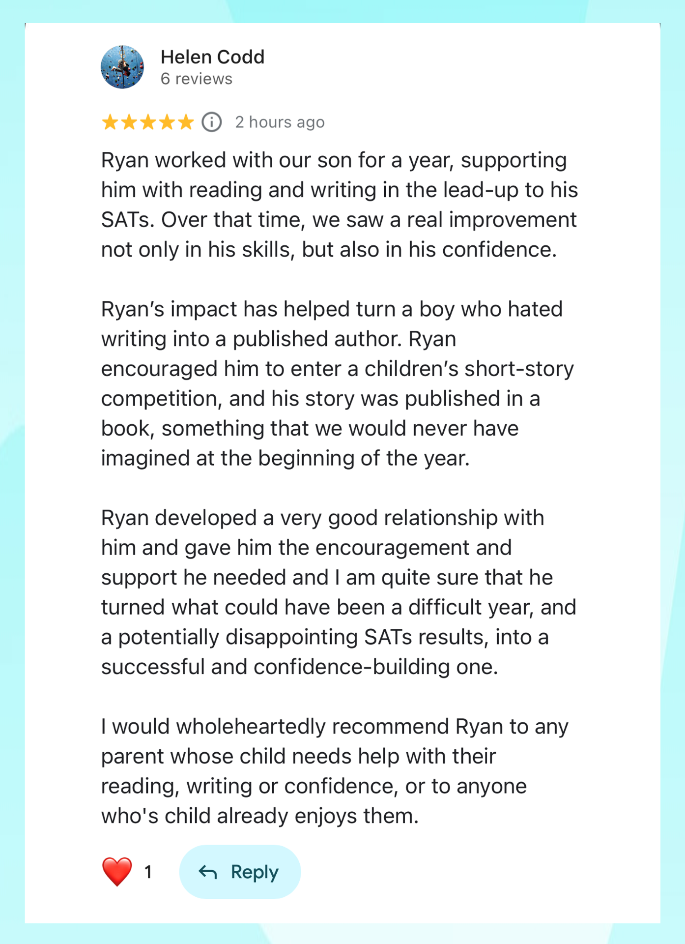 Parent review screenshot with name Helen Codd from Hurstpierpoint, and text praising Ryan’s tutoring support.