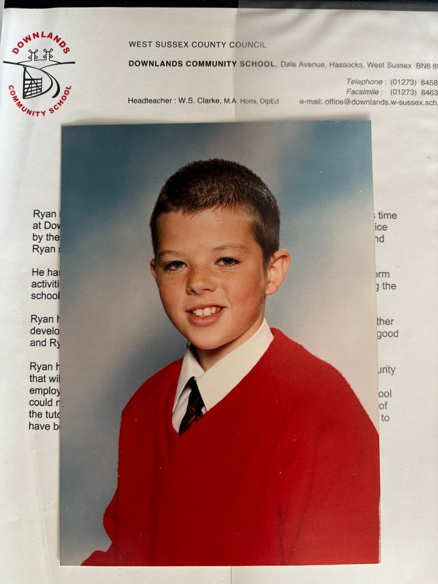 Photograph of 11-year-old Ryan in his Downlands School uniform in Hassocks in 2001